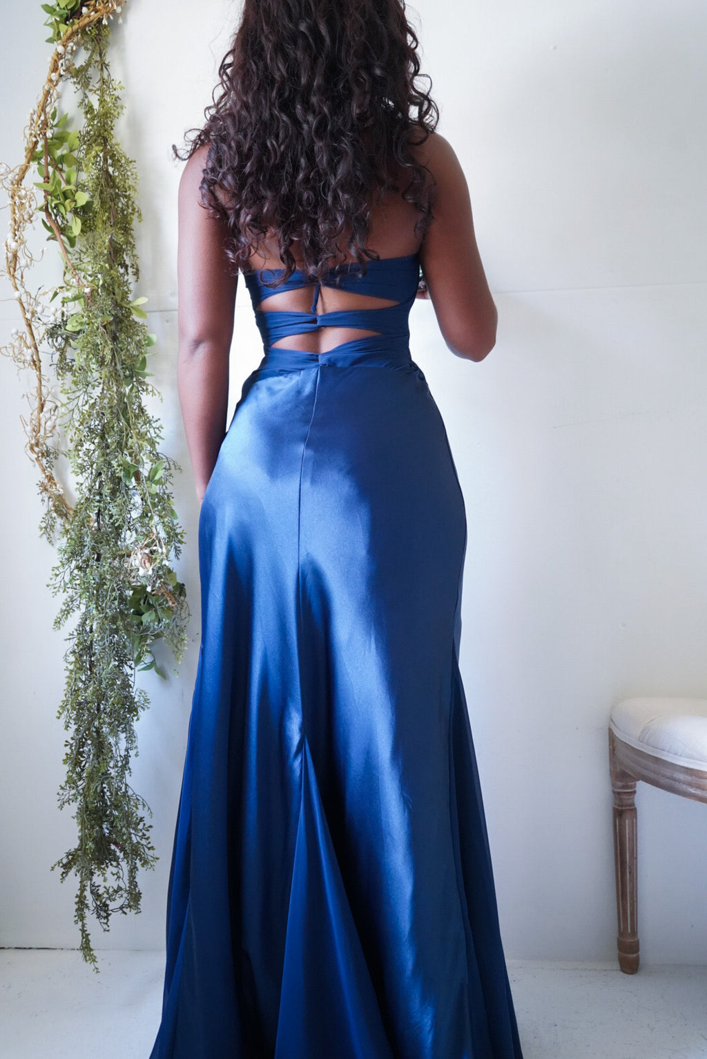 Y2K Navy Blue Satin Halter Godet Skirt Gown