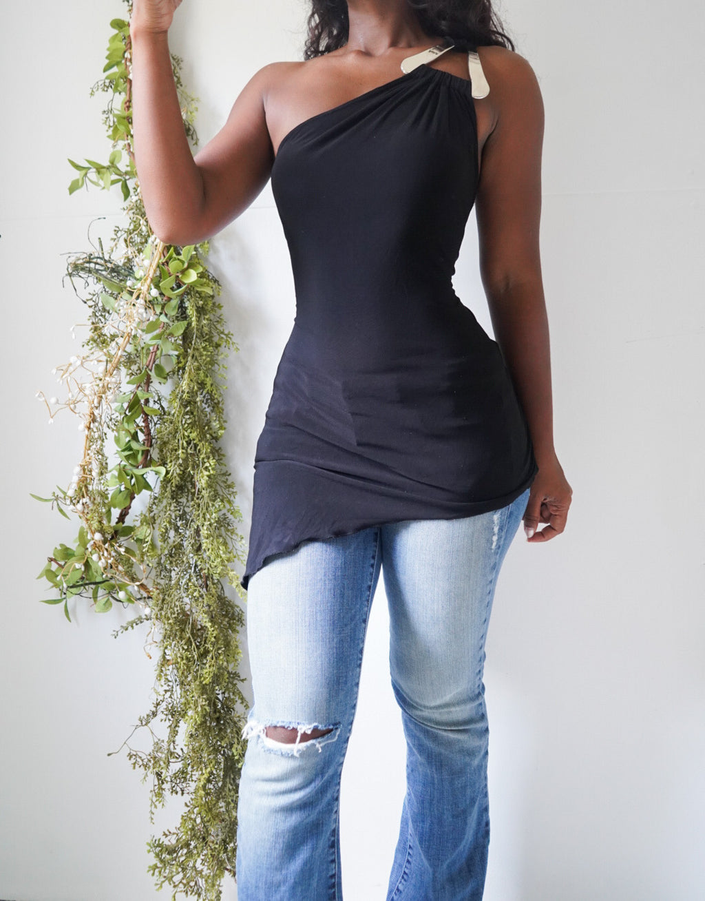 Y2K Metal Hardware Detail One Shoulder Top