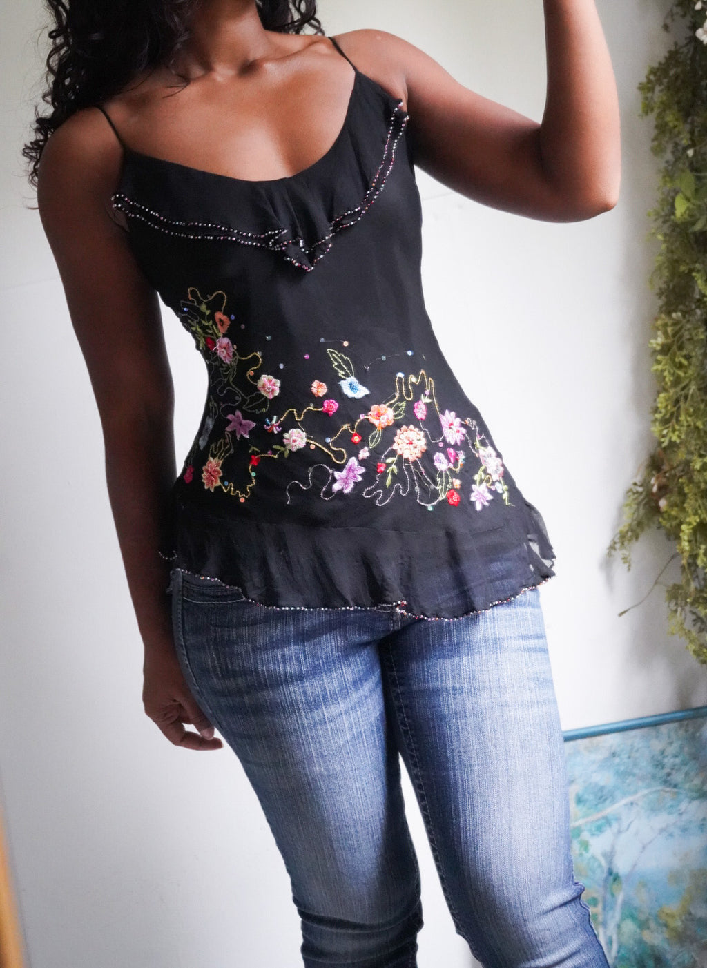 Rare Y2K Silk Beaded Fairy Ruffle Cami