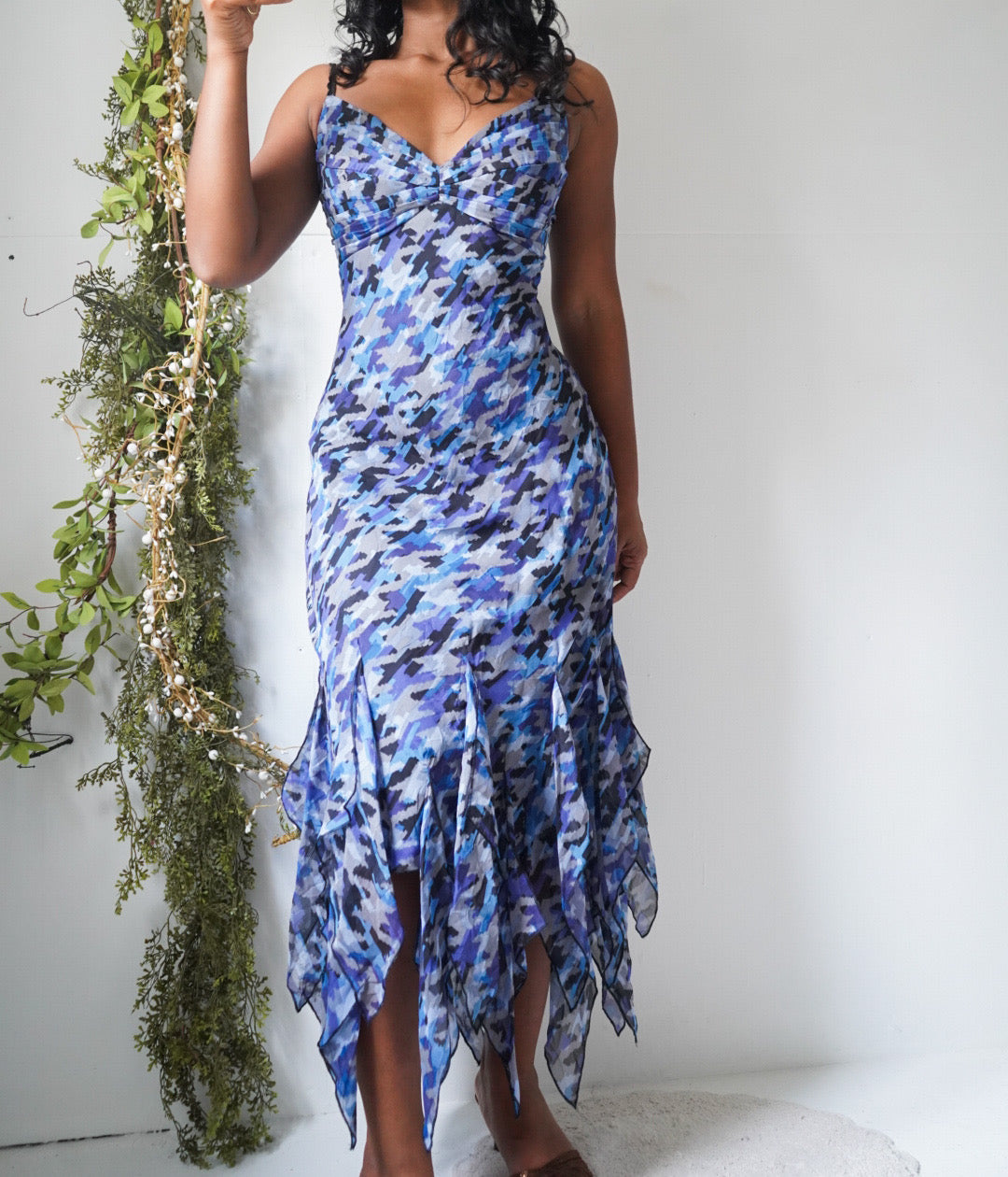 Vintage Y2K Houndstooth Fairy Hem Midi Dress