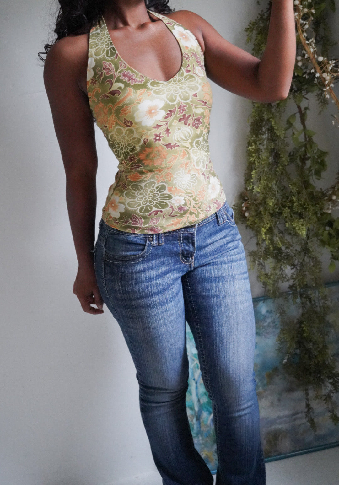 Y2K Sage Green Floral Halter Mesh Top