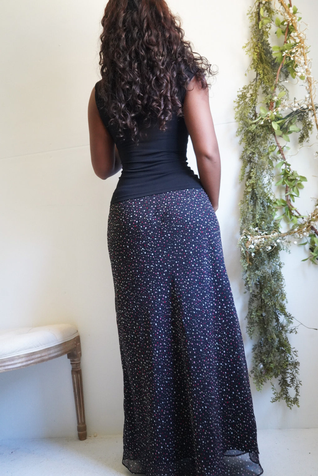 Y2K Black Dot Print Maxi Skirt