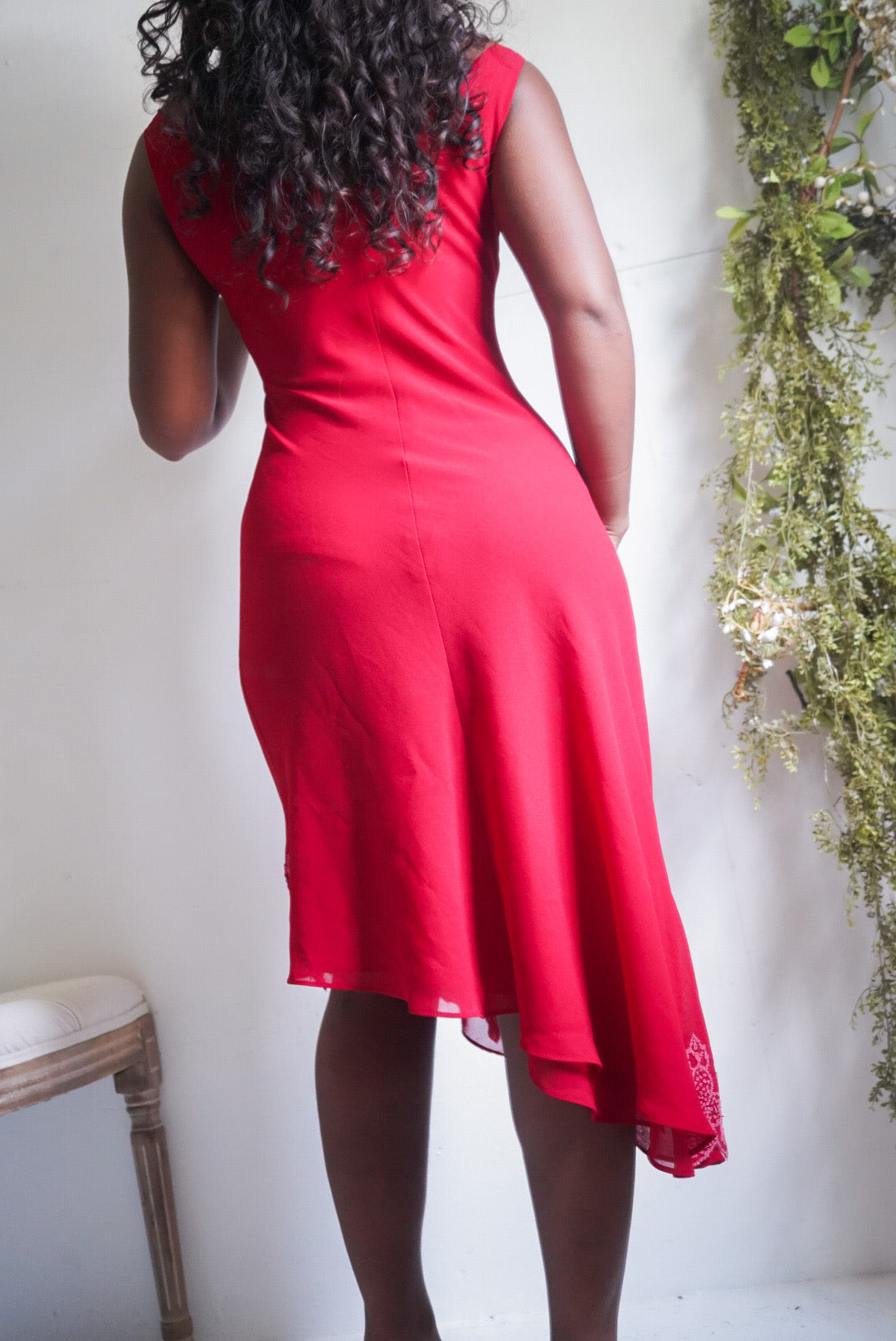Y2K Red Floral Embellished Hem Dress