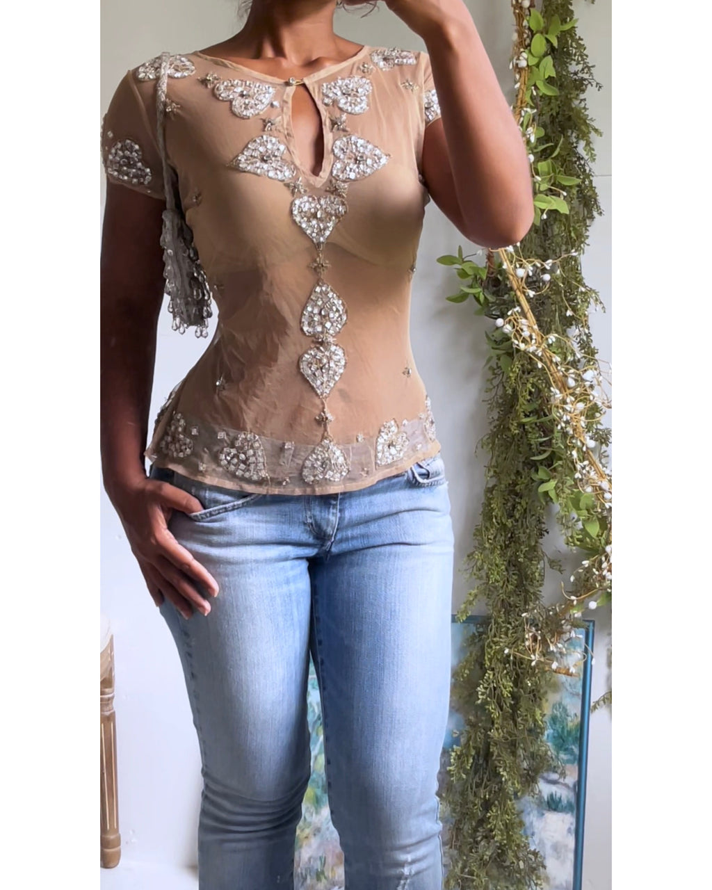 Y2K Nude Beaded Boho Top