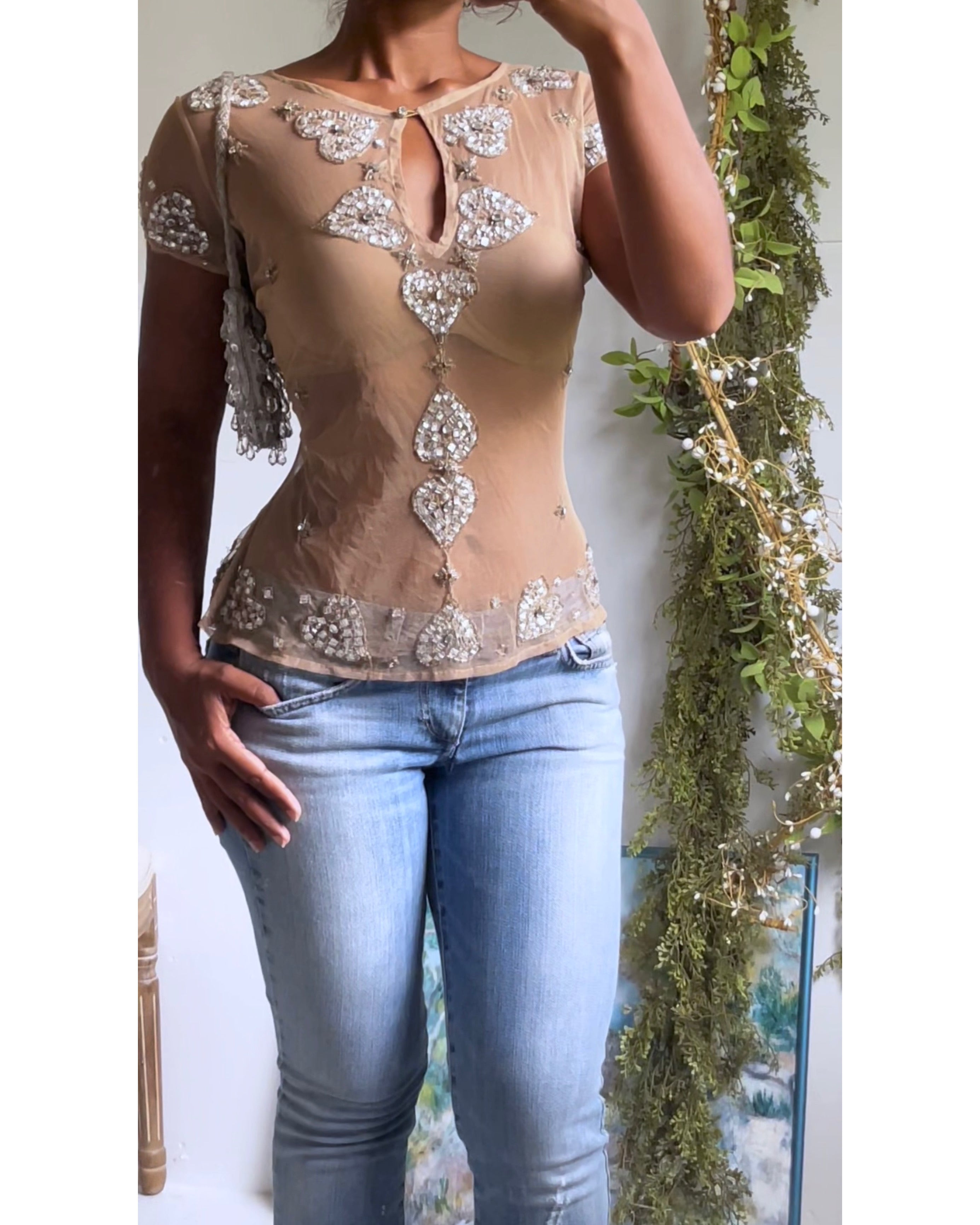 Y2K Nude Beaded Boho Top