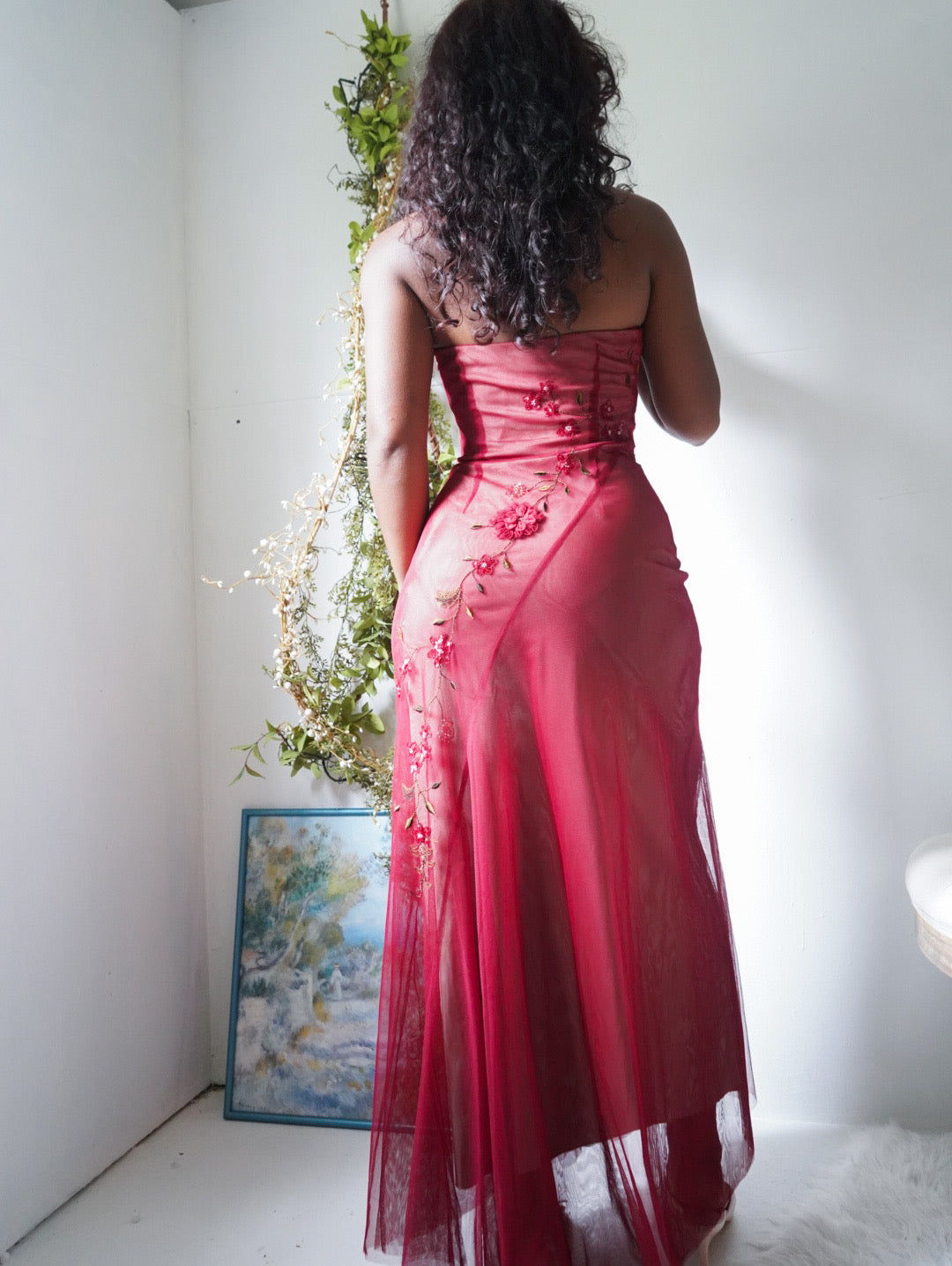Y2K Red Layered Strapless Tulle Beaded Gown