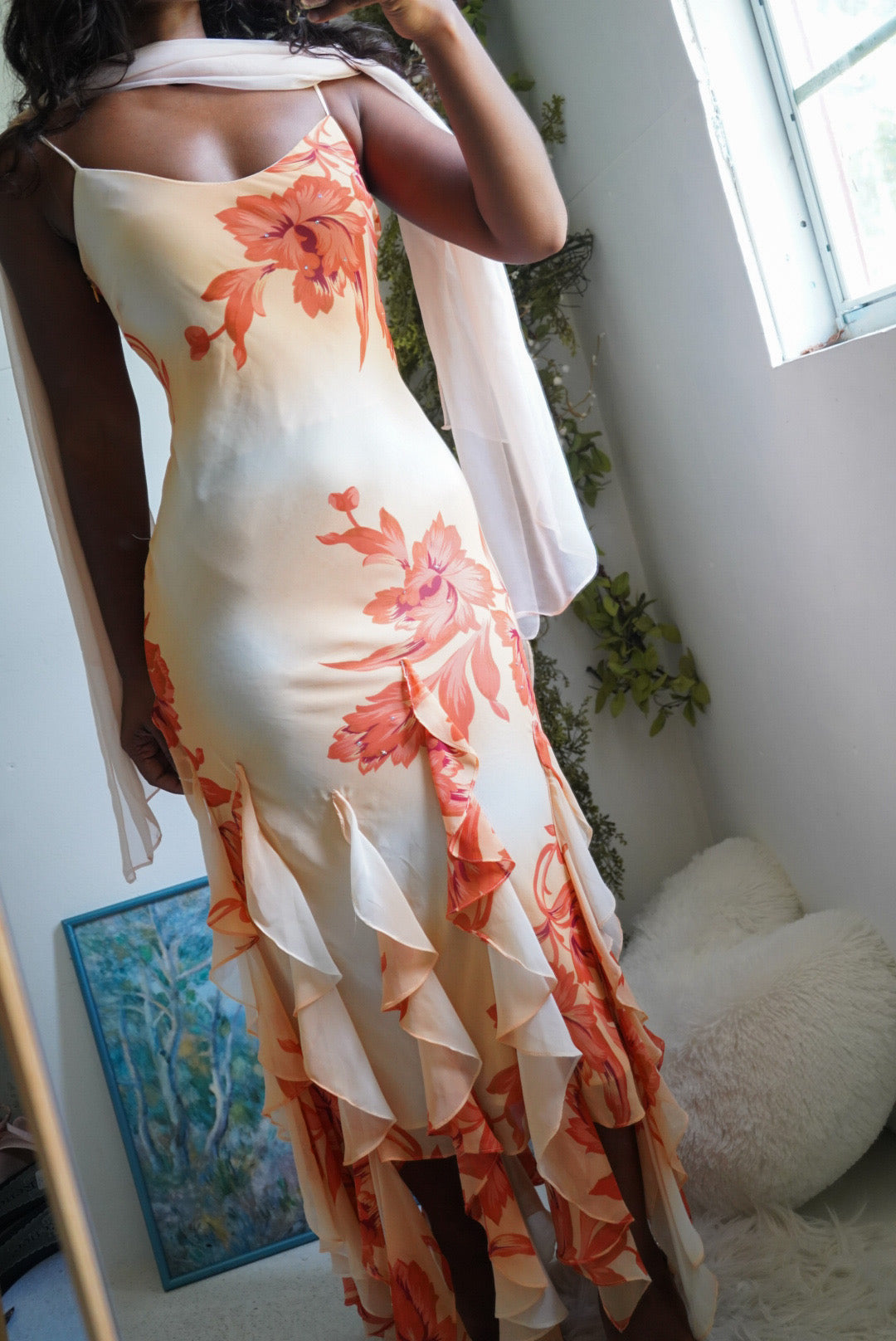 Y2K Peach and Cream Floral Ruffle Hem Fairy Gown