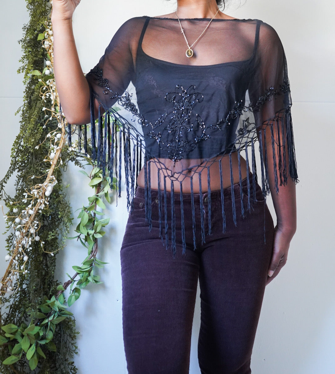 Vintage Black Beaded Detail Sheer Poncho