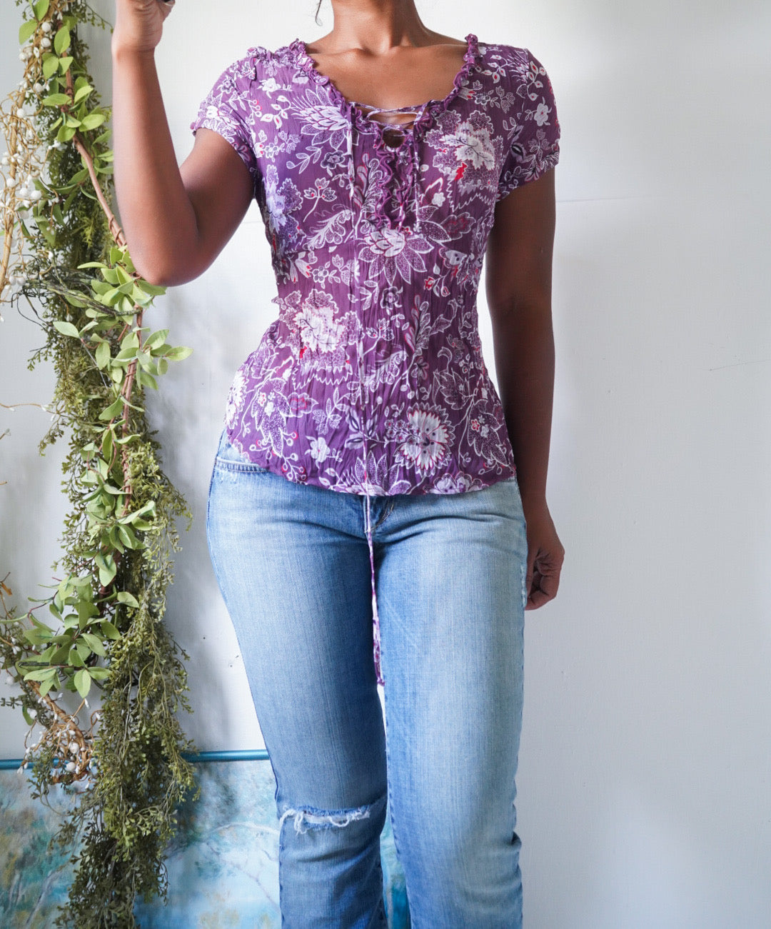 Y2K Purple Paisley Crinkle Top