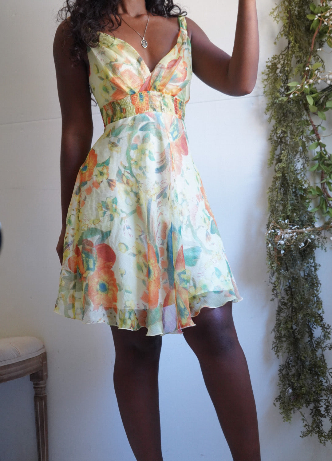 Y2K Pale Yellow Watercolor Silk Floral Mini Dress