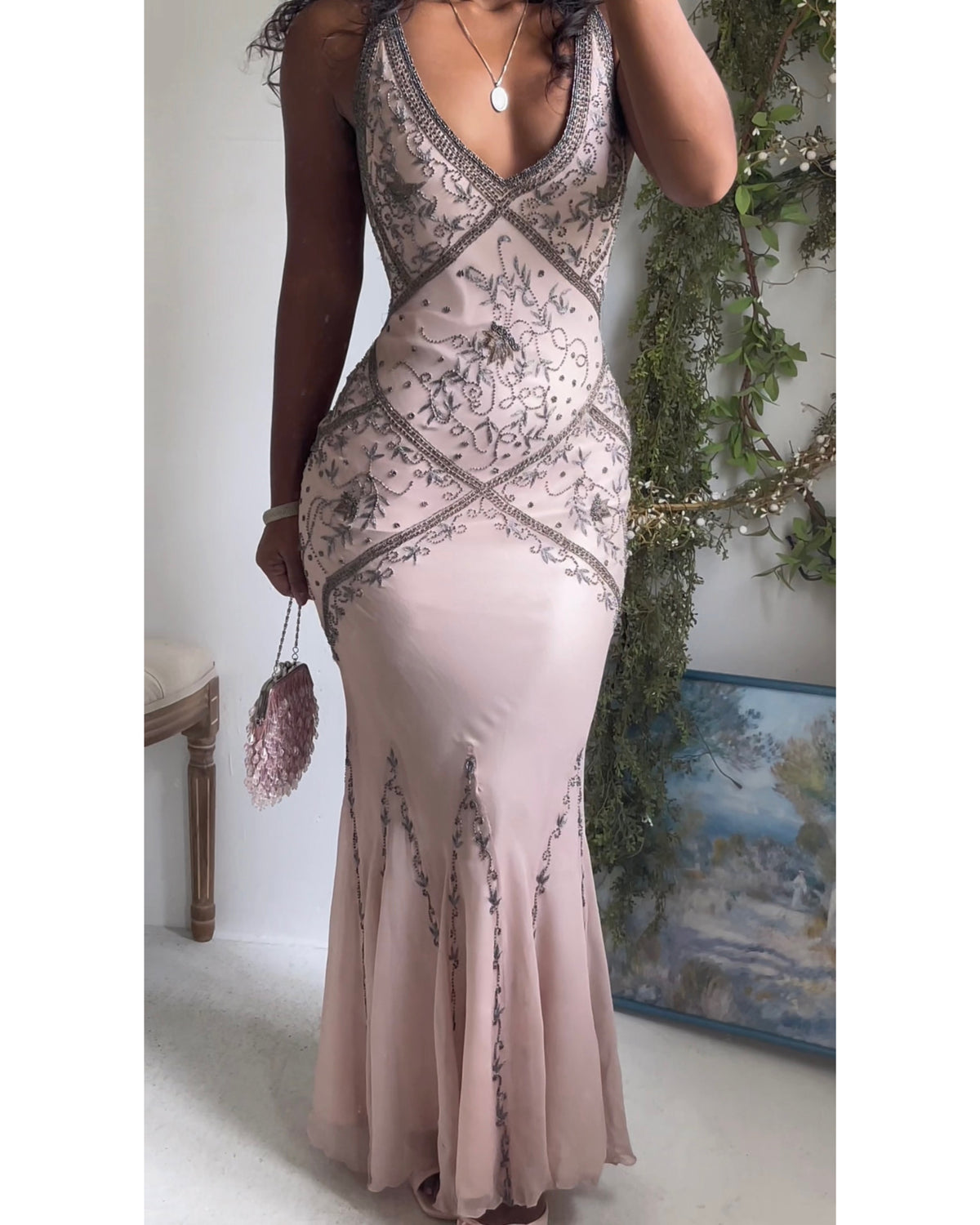 Y2K Blush Nude Beaded Silk Gown
