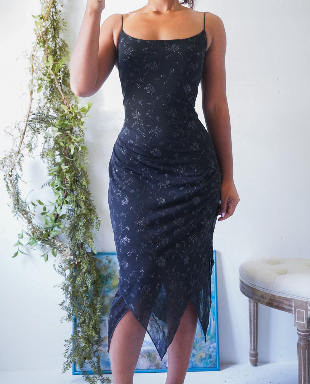 Y2K Black Glitter Floral Midi Dress
