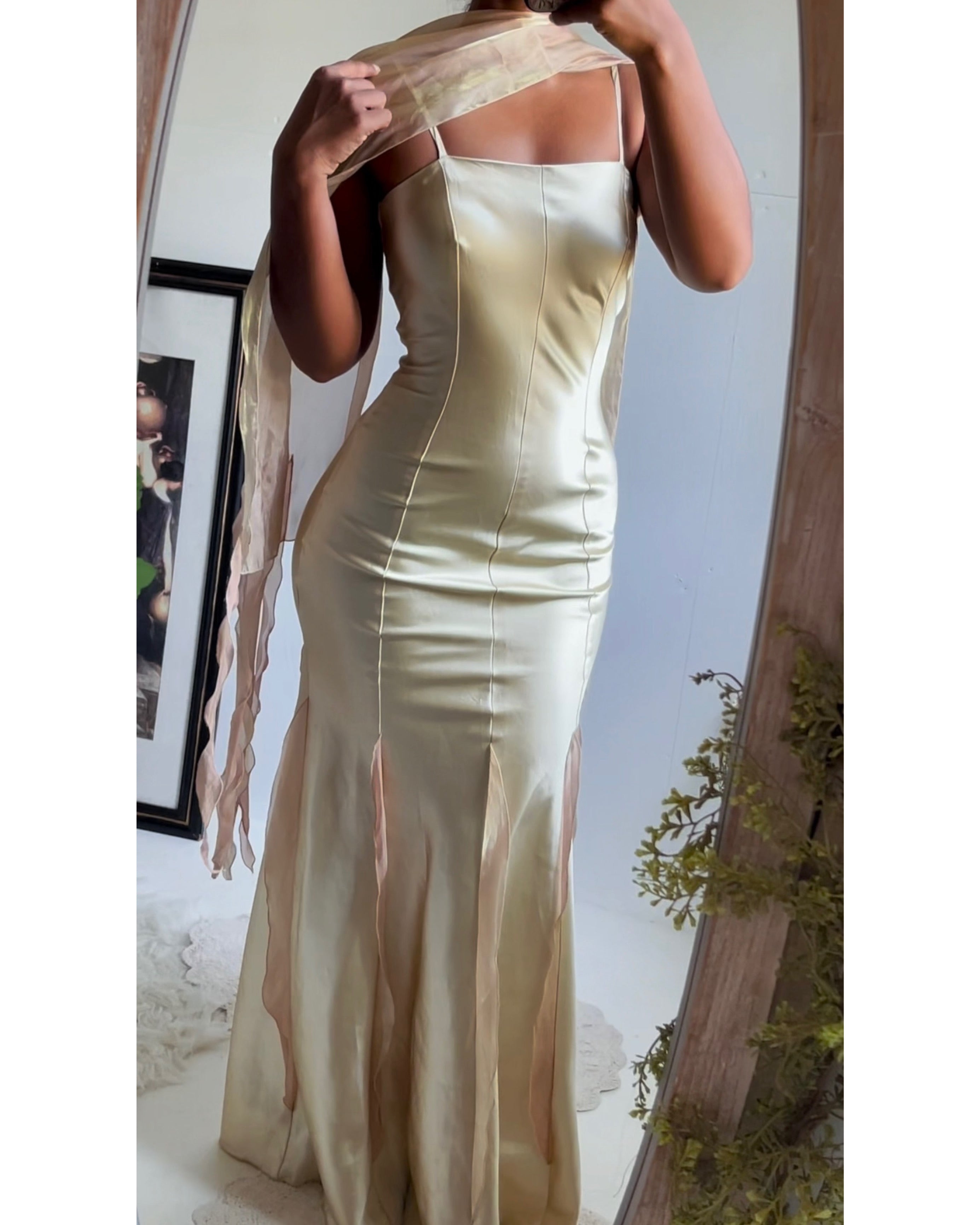 Vintage Y2K Iridescent Champagne Satin Mermaid Gown