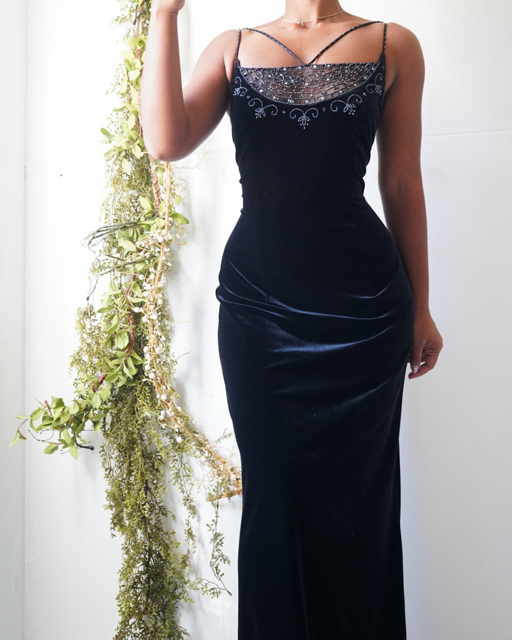 Y2K Black Velvet Beading Detail Gown