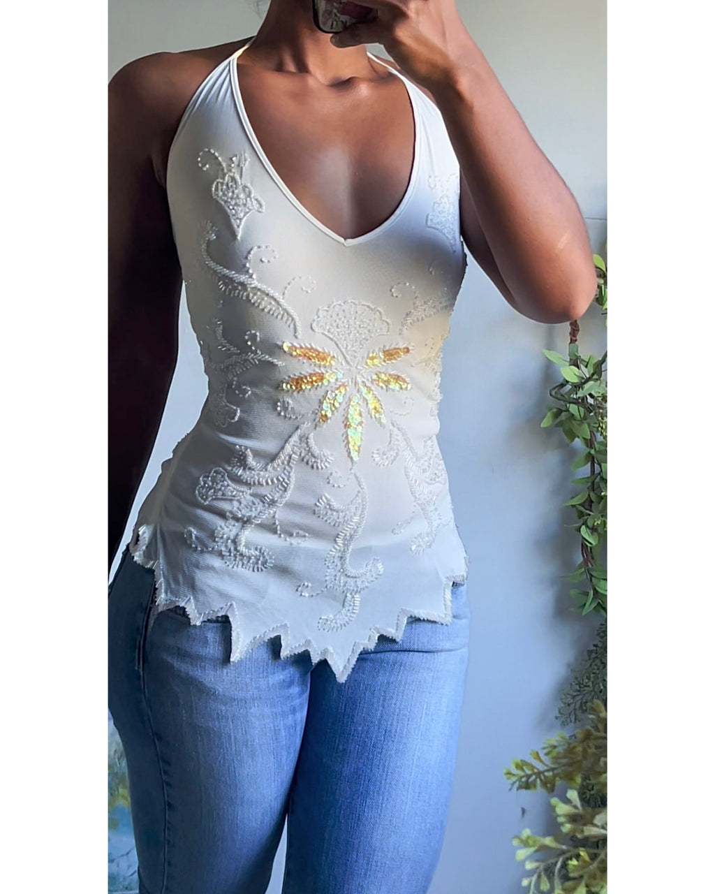 Rare Cache Fully Beaded Mesh Halter Top