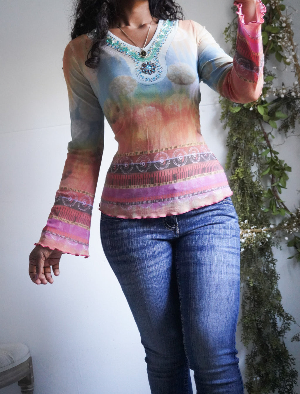 Rare Y2K Pastel Boho Mesh Flare Sleeve Top