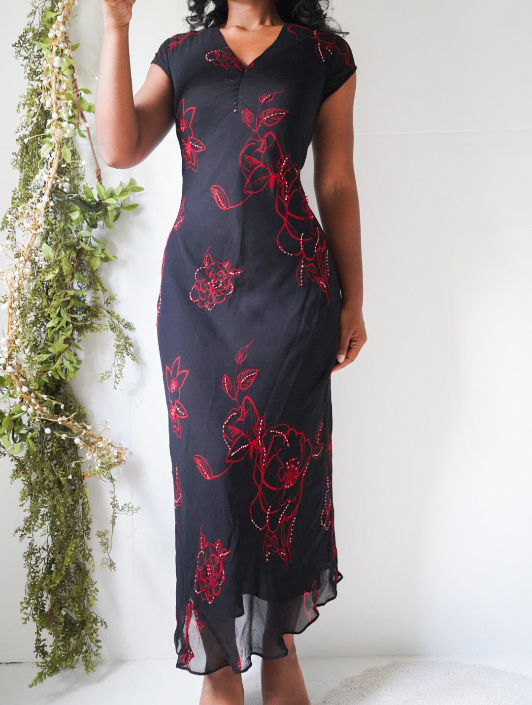 black y2k dress Vintage Y2K Black and Red Floral Maxi Dress