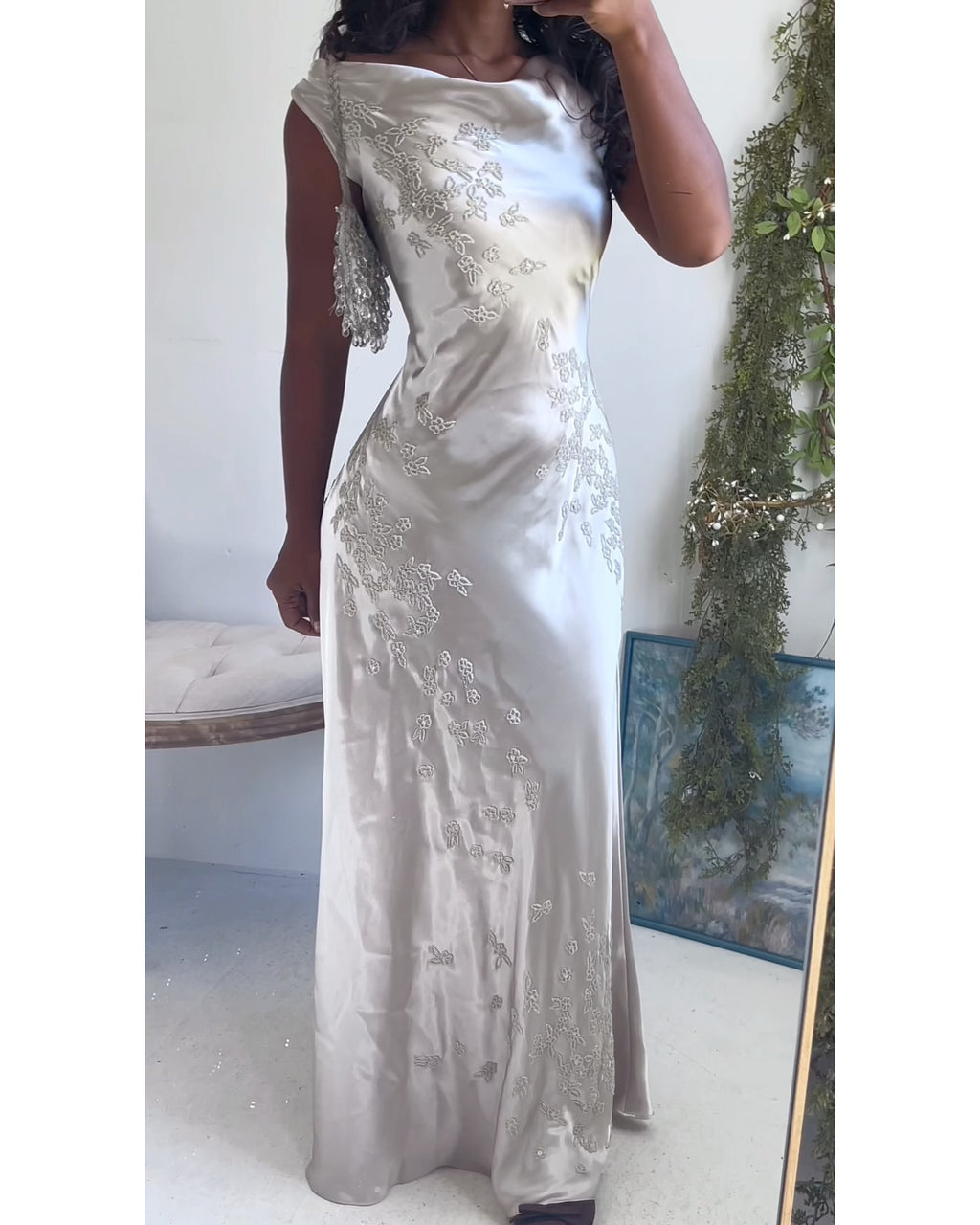 Rare Vintage Pearl Liquid Satin Beaded Gown