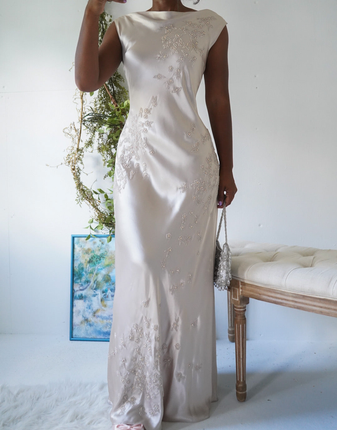 Rare Y2K Champagne Satin Beaded Gown