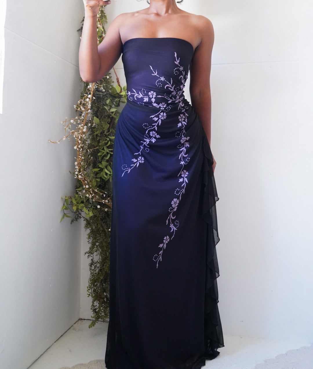 Y2K Purple and Black Layered Strapless Gown