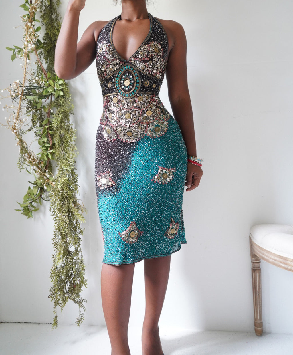 Y2K Brown and Teal Fully Beaded Halter Silk Dress