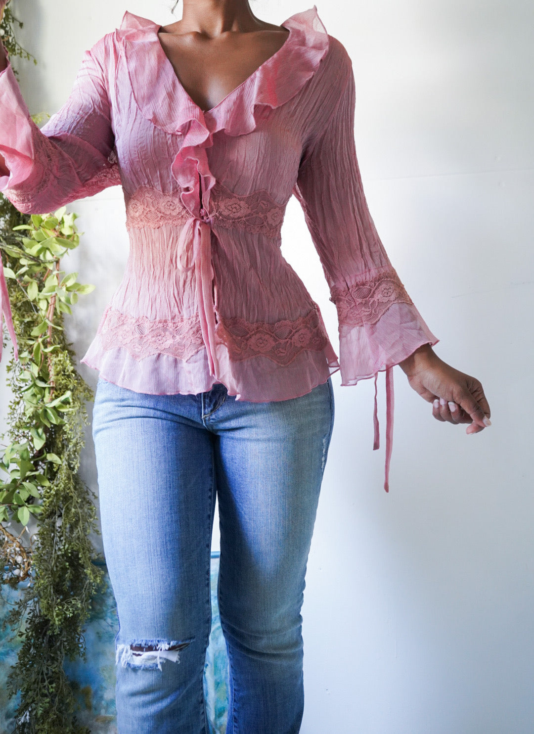 Y2K Iridescent Mauve Fairy Ruffle Top