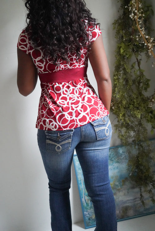 Y2K Red and White Print Babydoll Top