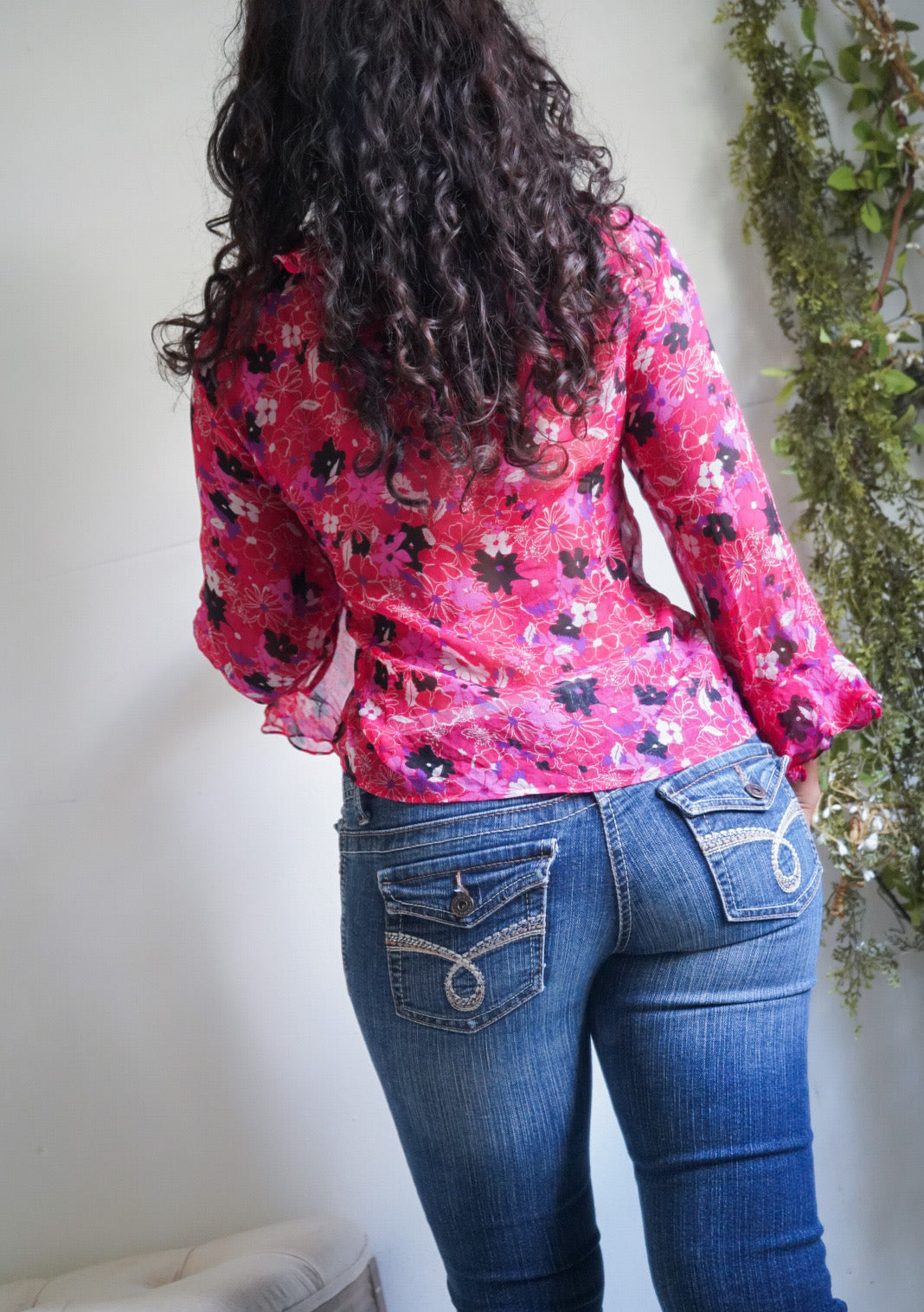 Y2K Coral Pink Floral Silk Ruffle Blouse