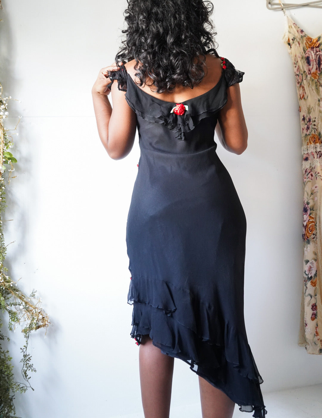 Black Beaded Silk Rosette Dress