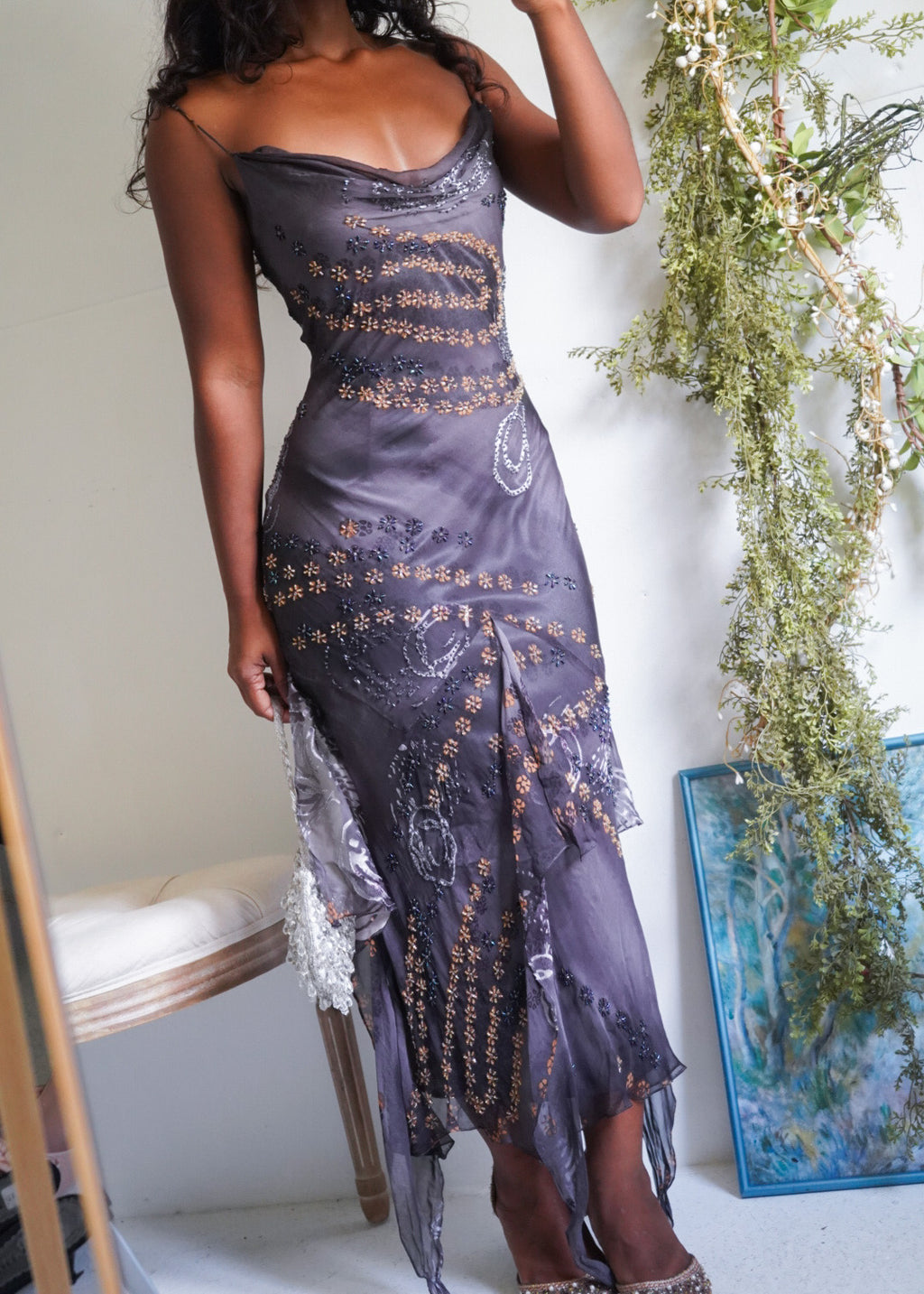 Rare Vintage Y2K Beaded Gray Fairy Dress