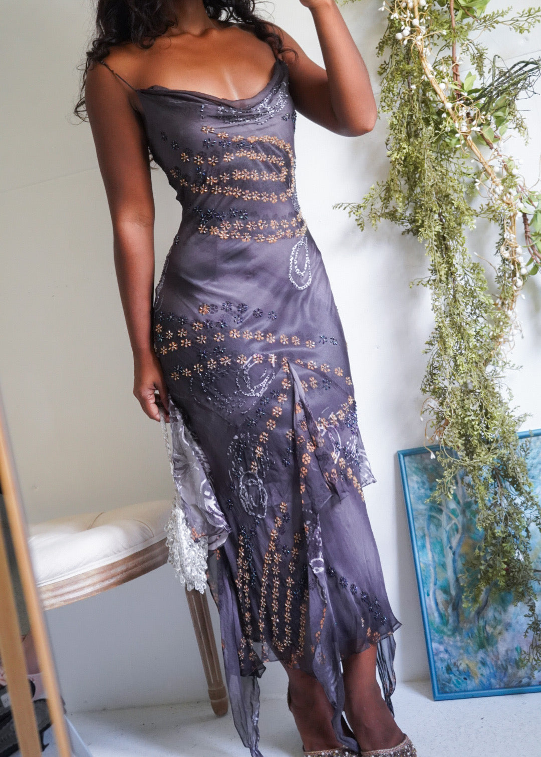 Rare Vintage Y2K Beaded Gray Fairy Dress