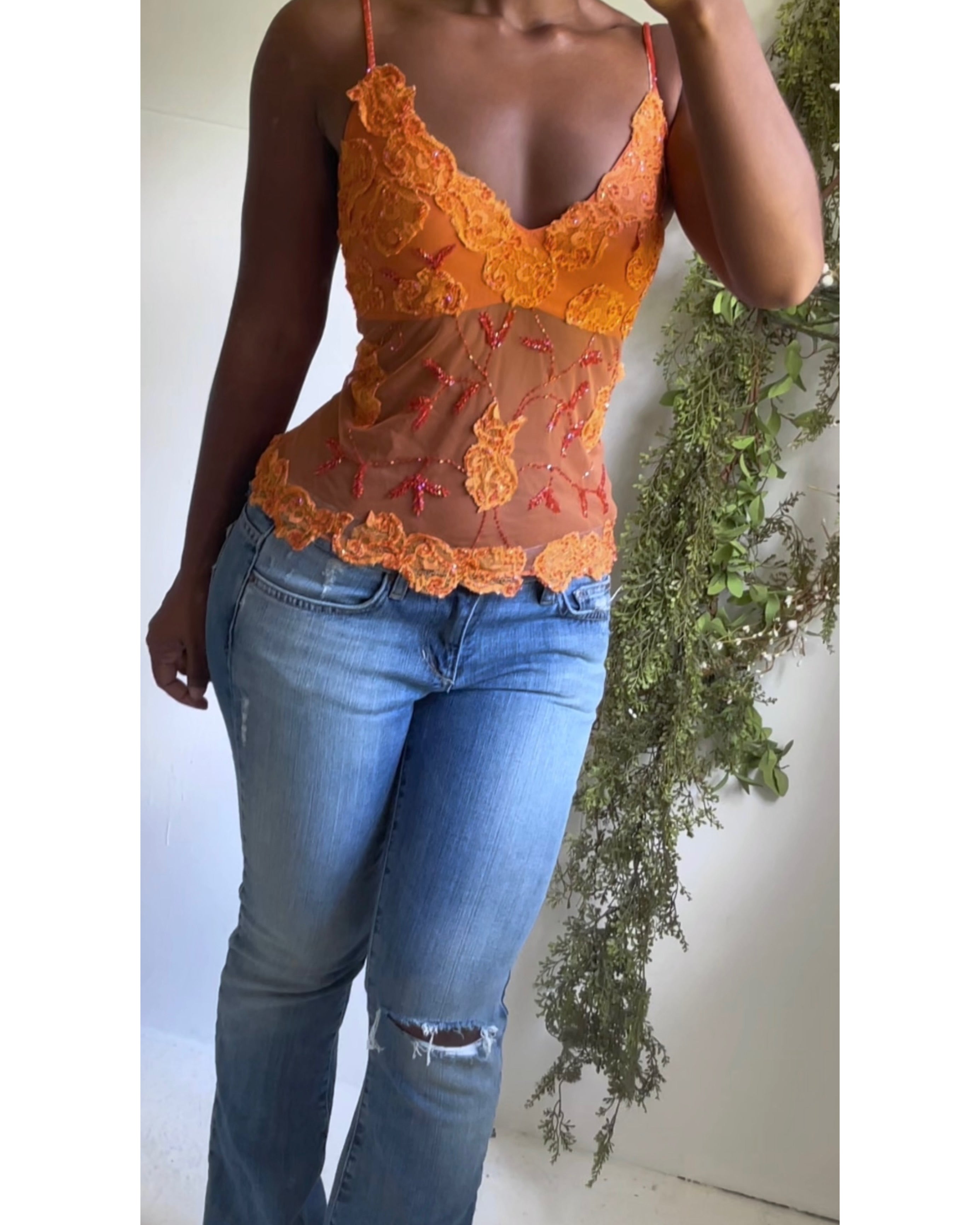Rare Y2K Orange Beaded Fairy Cami