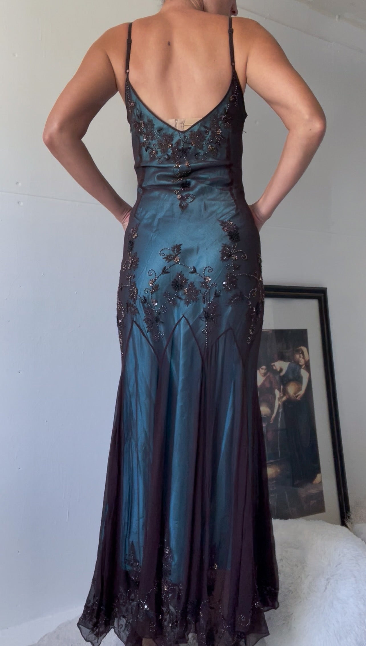 Vintage Layered Brown and Teal Beaded Silk Gown