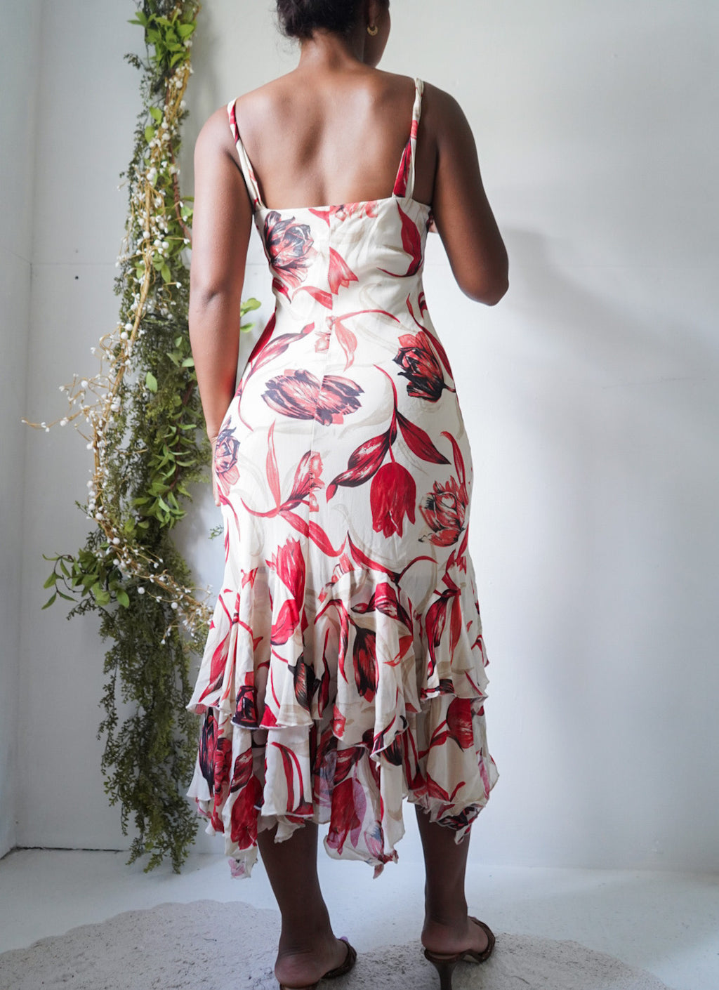 Y2K Cream and Red Floral Fairy Midi Dress