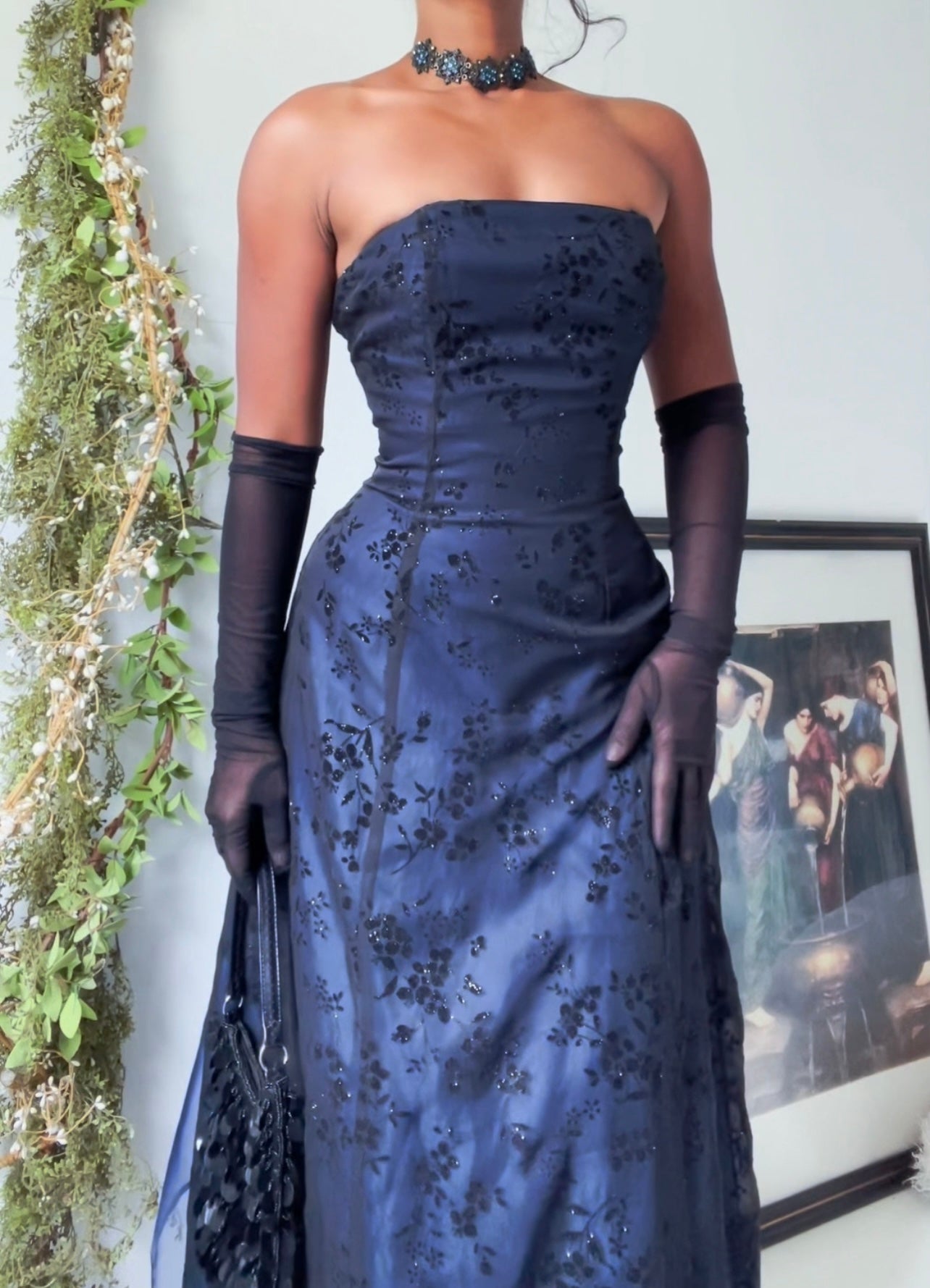 Rare Vintage Blue and Black Layered Strapless Gown