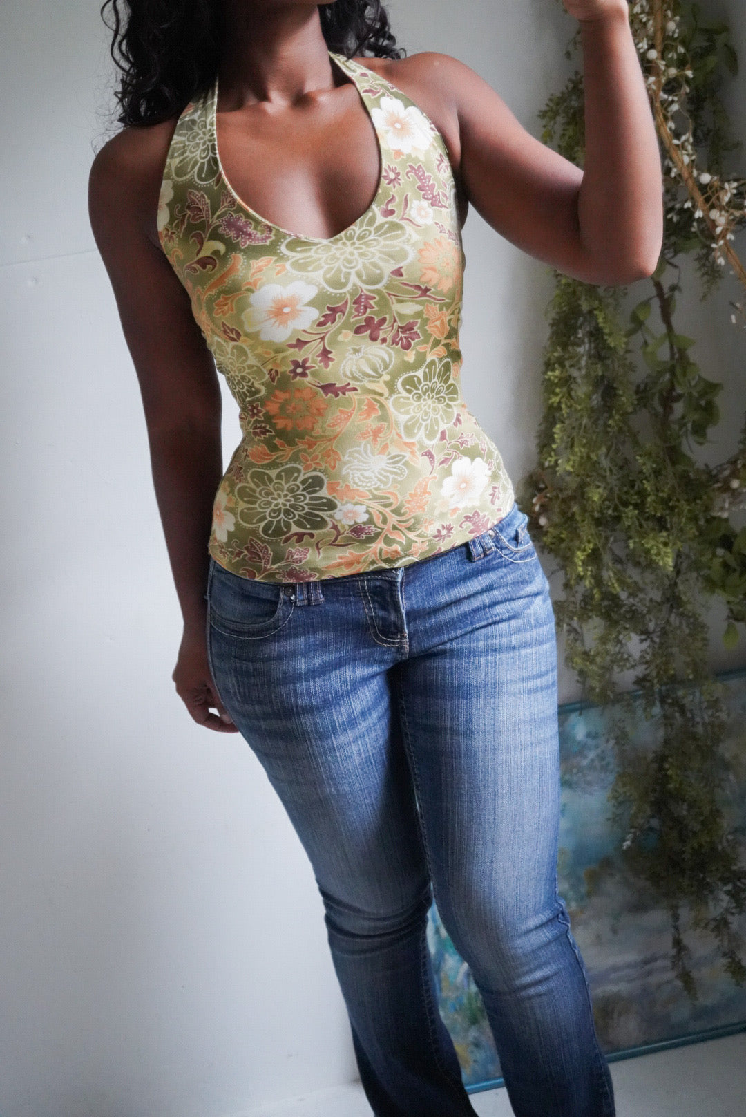 Y2K Sage Green Floral Halter Mesh Top