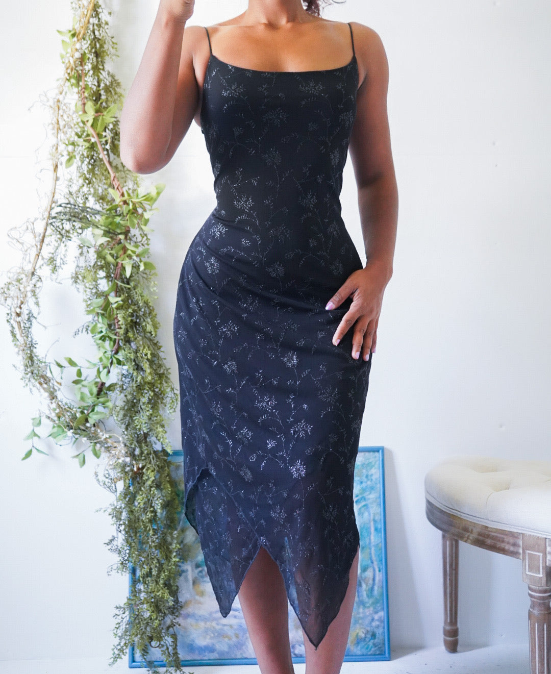 Y2K Black Glitter Floral Midi Dress