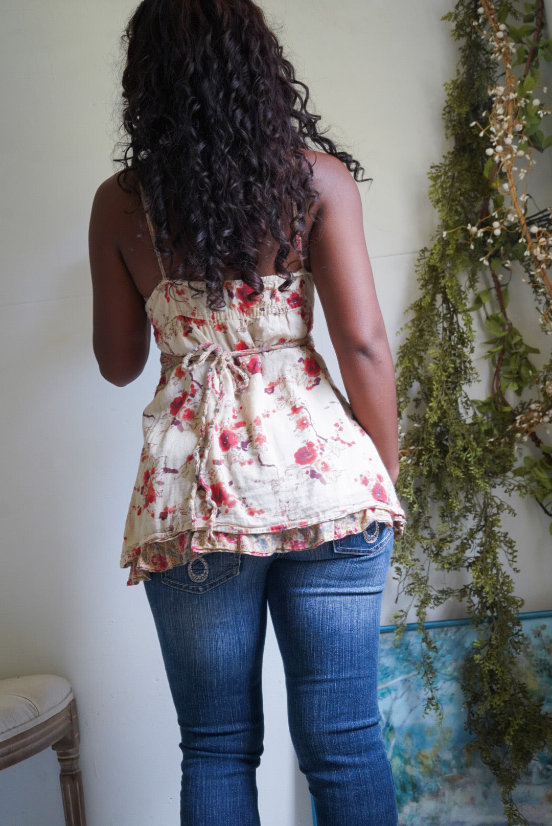 Y2K Tan Floral Cotton Babydoll Cami