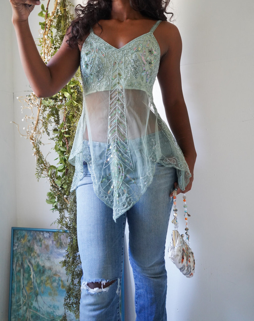 Handmade Pale Sage Green Beaded Fairy Top
