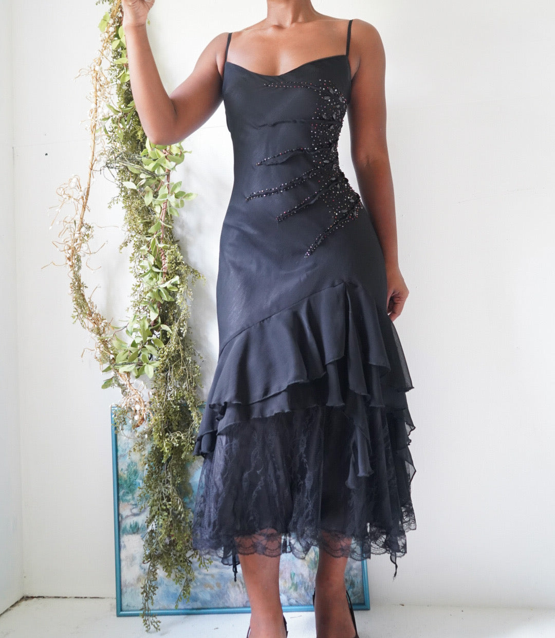 Y2K Black Beaded Ruffle Hem Dress