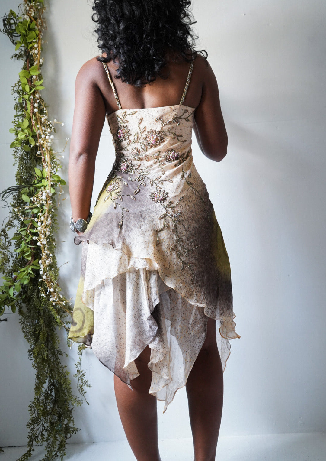 Rare Y2K Earthy Fairy Beaded Silk Mini Dress
