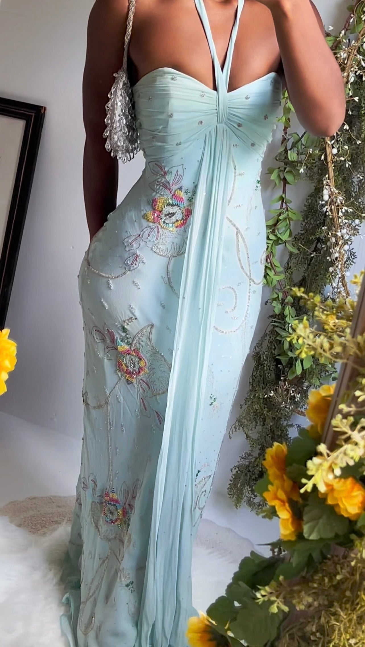 Y2K Pastel Blue Silk Beaded Fairy Gown