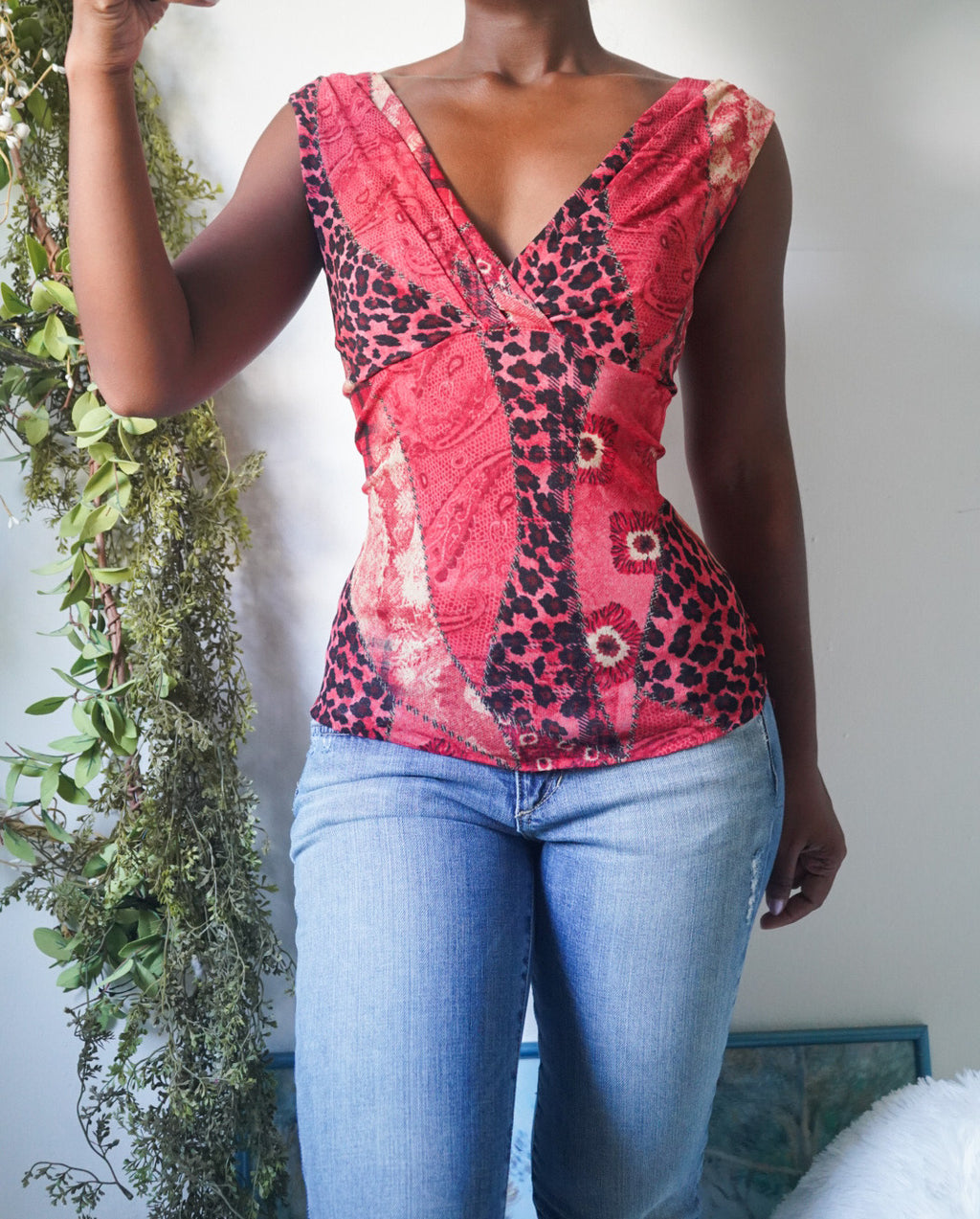 Vintage Y2K Mesh Patchwork Animal Print Tank