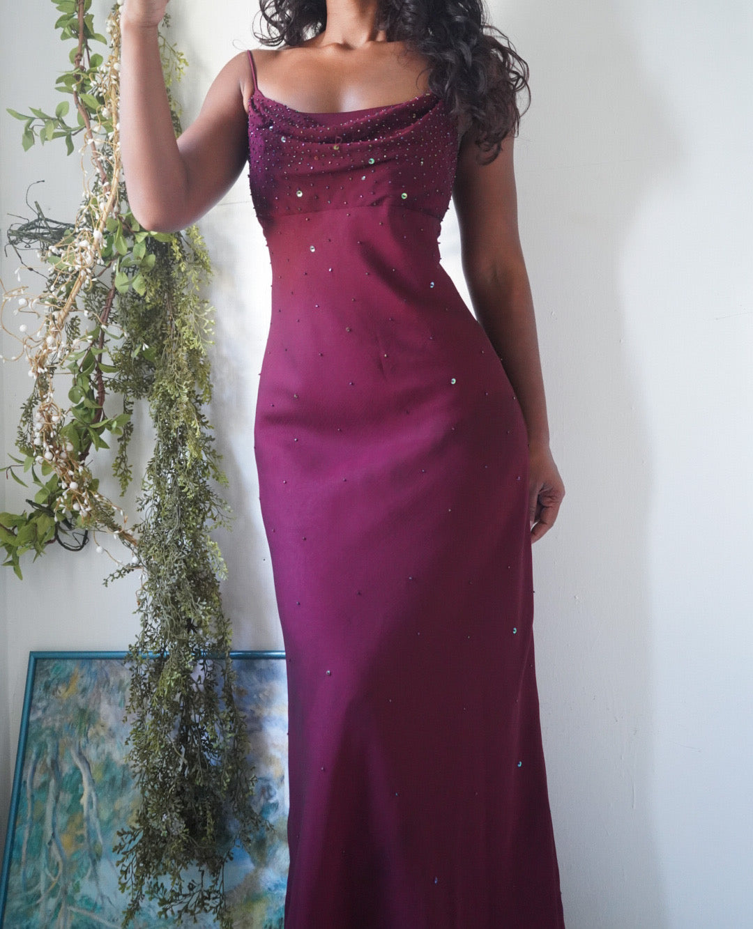 Y2K Iridescent Wine Beaded Gown