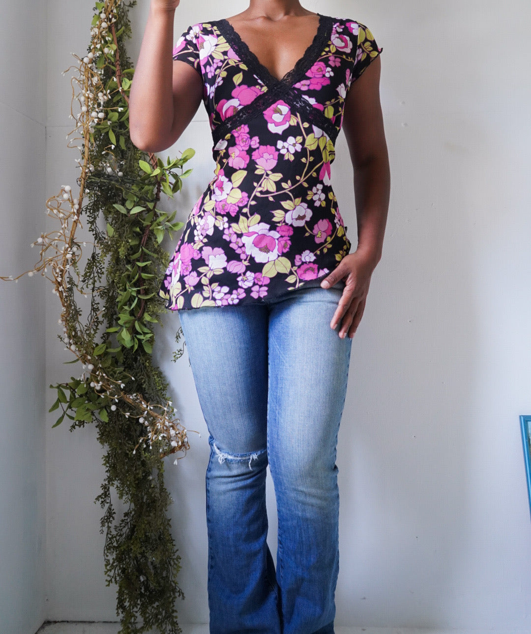 Y2K Floral Asymmetric Hem Mesh Top