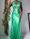 Green Satin Jewel Detail Halter Gown