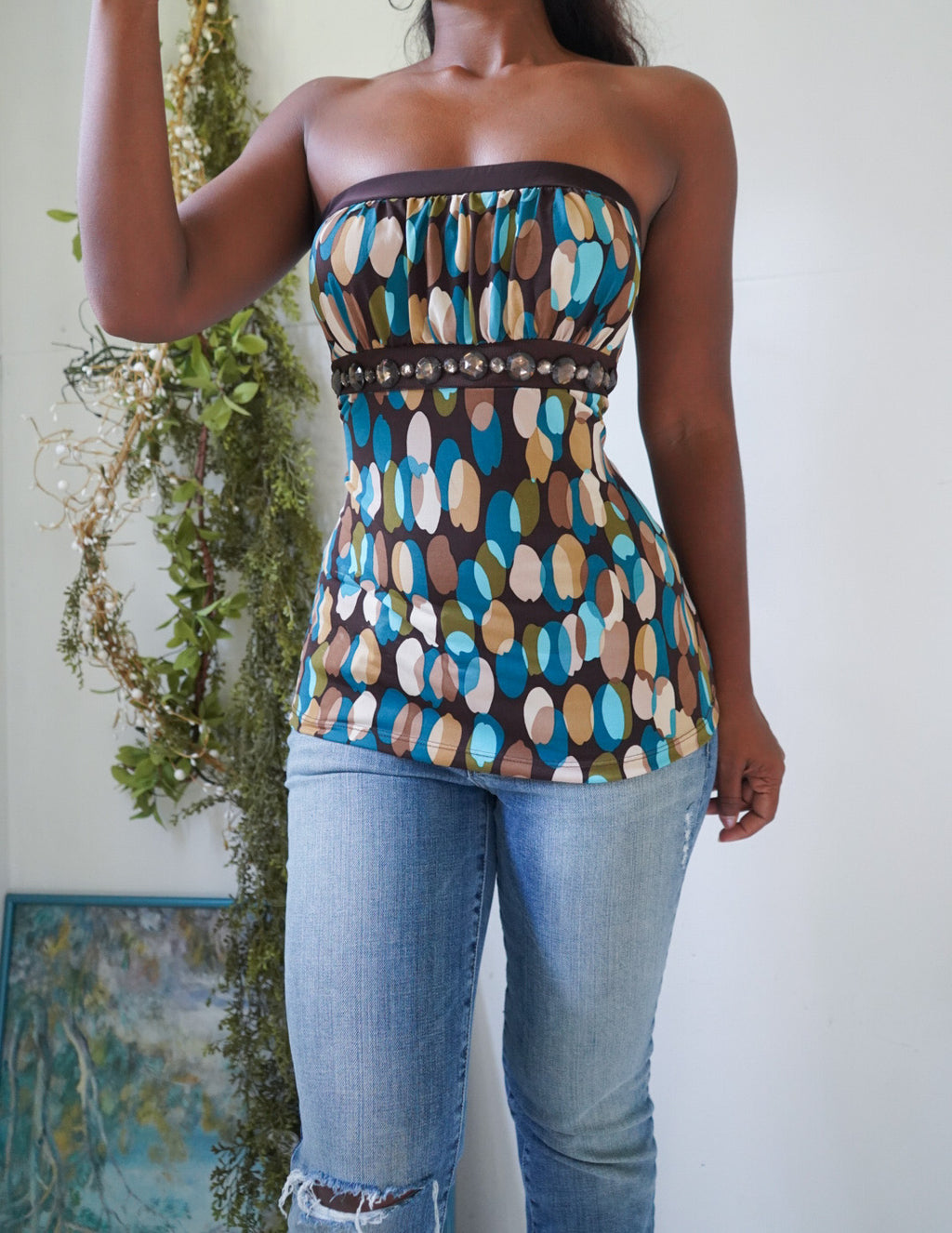 Y2K Embellished Abstract Strapless Top