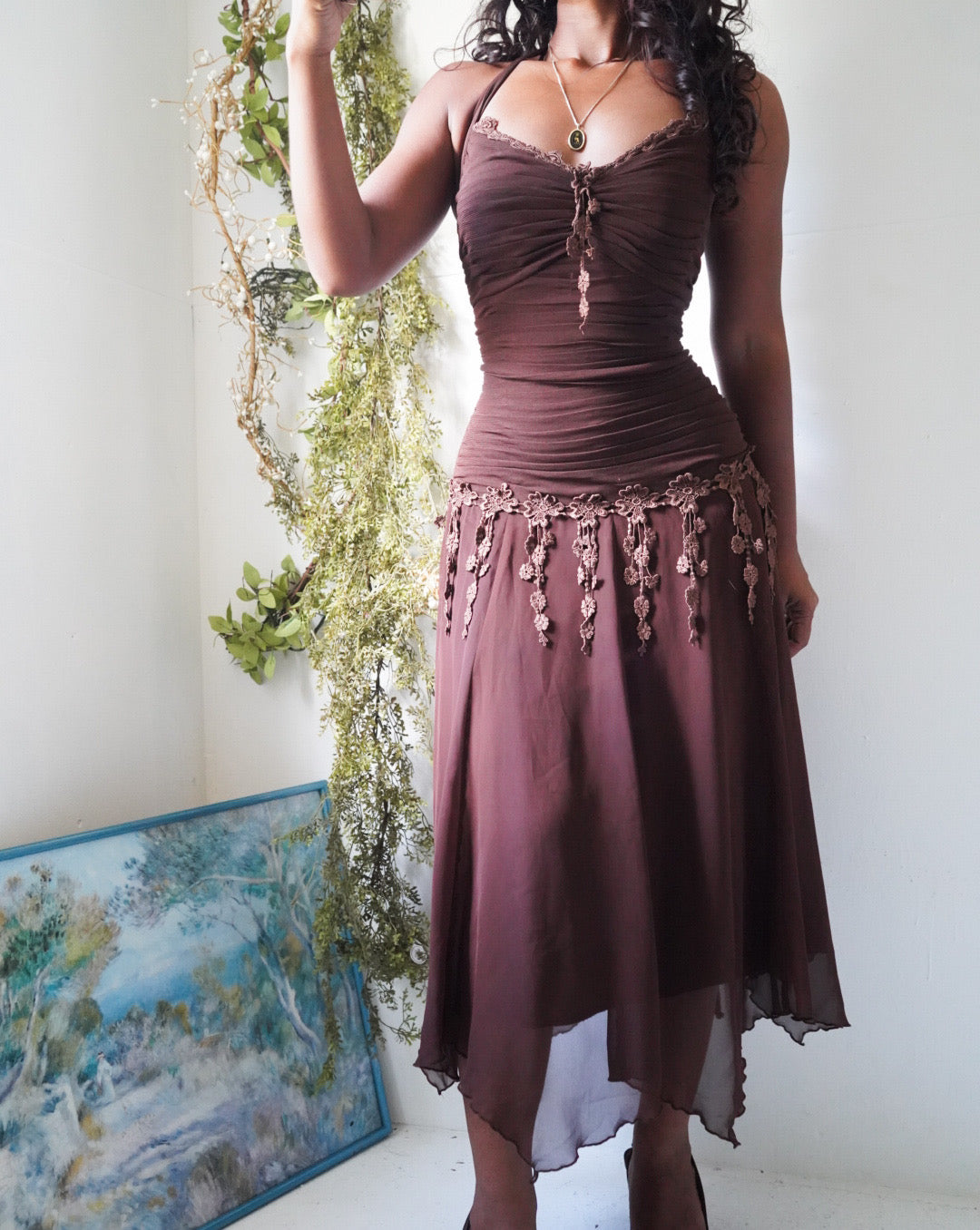 Y2K Brown Ruched Halter Fairy Dress