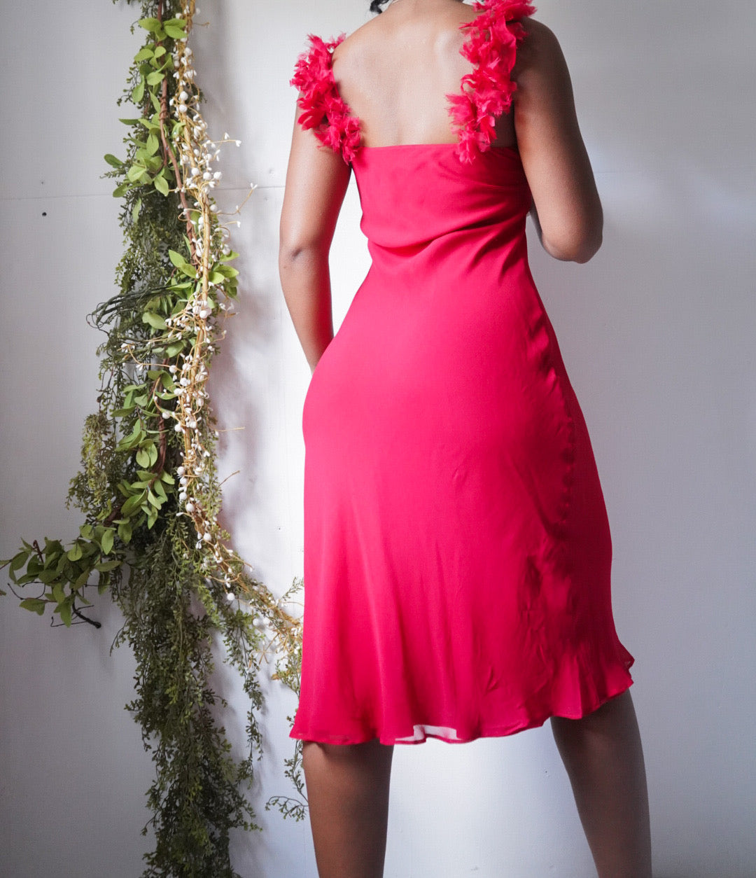 Y2K Red Silk Feather Strapless Dress