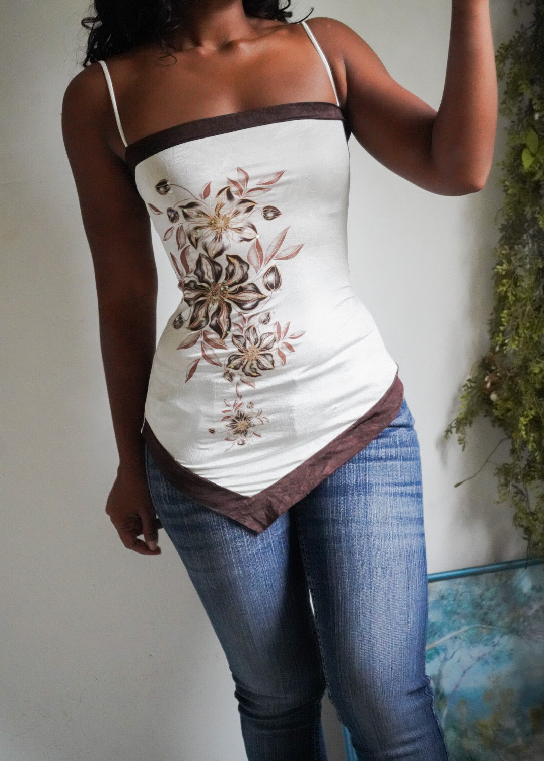 Y2K Cream and Brown Floral Asymmetric Cami